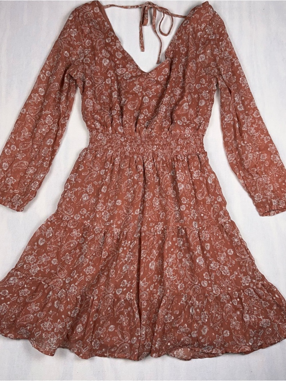 Hollister Salmon Red Floral Paisley Long Sleeve Tiered Boho Dress Size: XS